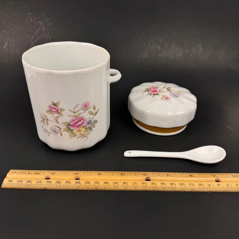 1Vtg 80s FTDA White Ceramic Floral Canister Jar w Lid Spoon Holder Tabletop READ